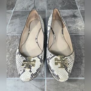 TORY BURCH CHELSEA SNAKE PRINT LEATHER FLATS.